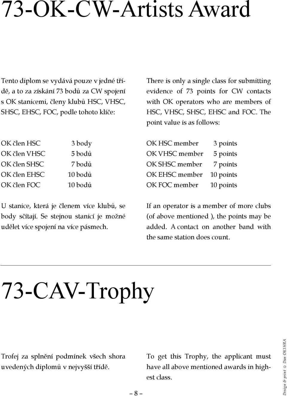 The point value is as follows: OK člen HSC OK člen VHSC OK člen SHSC OK člen EHSC OK člen FOC 3 body 5 bodů 7 bodů 10 bodů 10 bodů OK HSC member OK VHSC member OK SHSC member OK EHSC member OK FOC