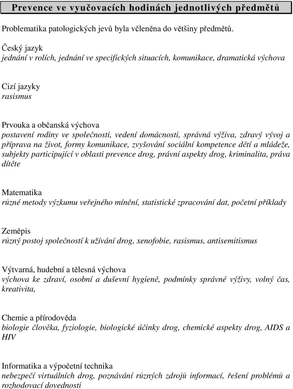 správná výživa, zdravý vývoj a příprava na život, formy komunikace, zvyšování sociální kompetence dětí a mládeže, subjekty participující v oblasti prevence drog, právní aspekty drog, kriminalita,
