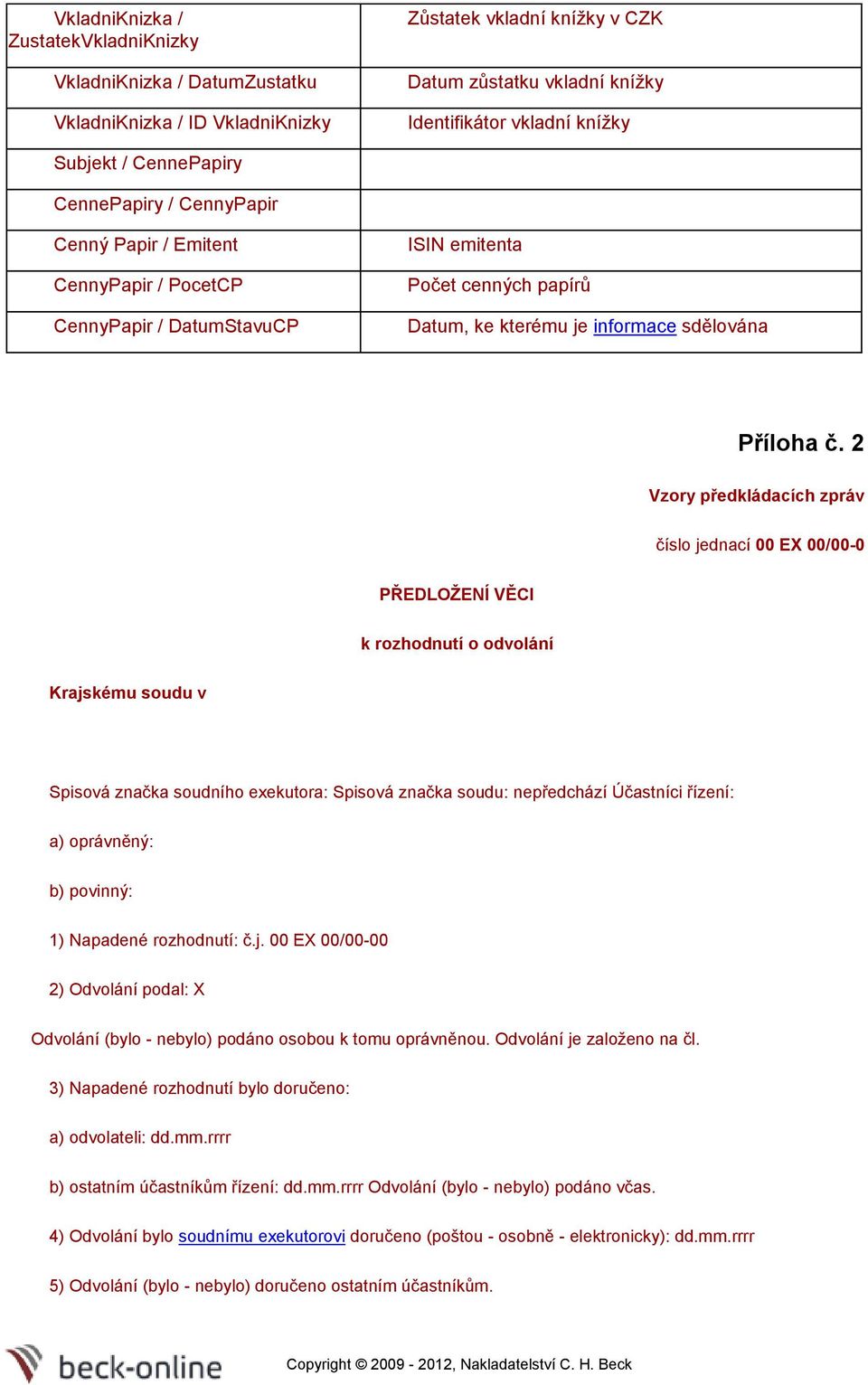 2 Vzry předkládacích zpráv čísl jednací 00 EX 00/00-0 PŘEDLOŽENÍ VĚCI k rzhdnutí dvlání Krajskému sudu v Spisvá značka sudníh exekutra: Spisvá značka sudu: nepředchází Účastníci řízení: a) právněný: