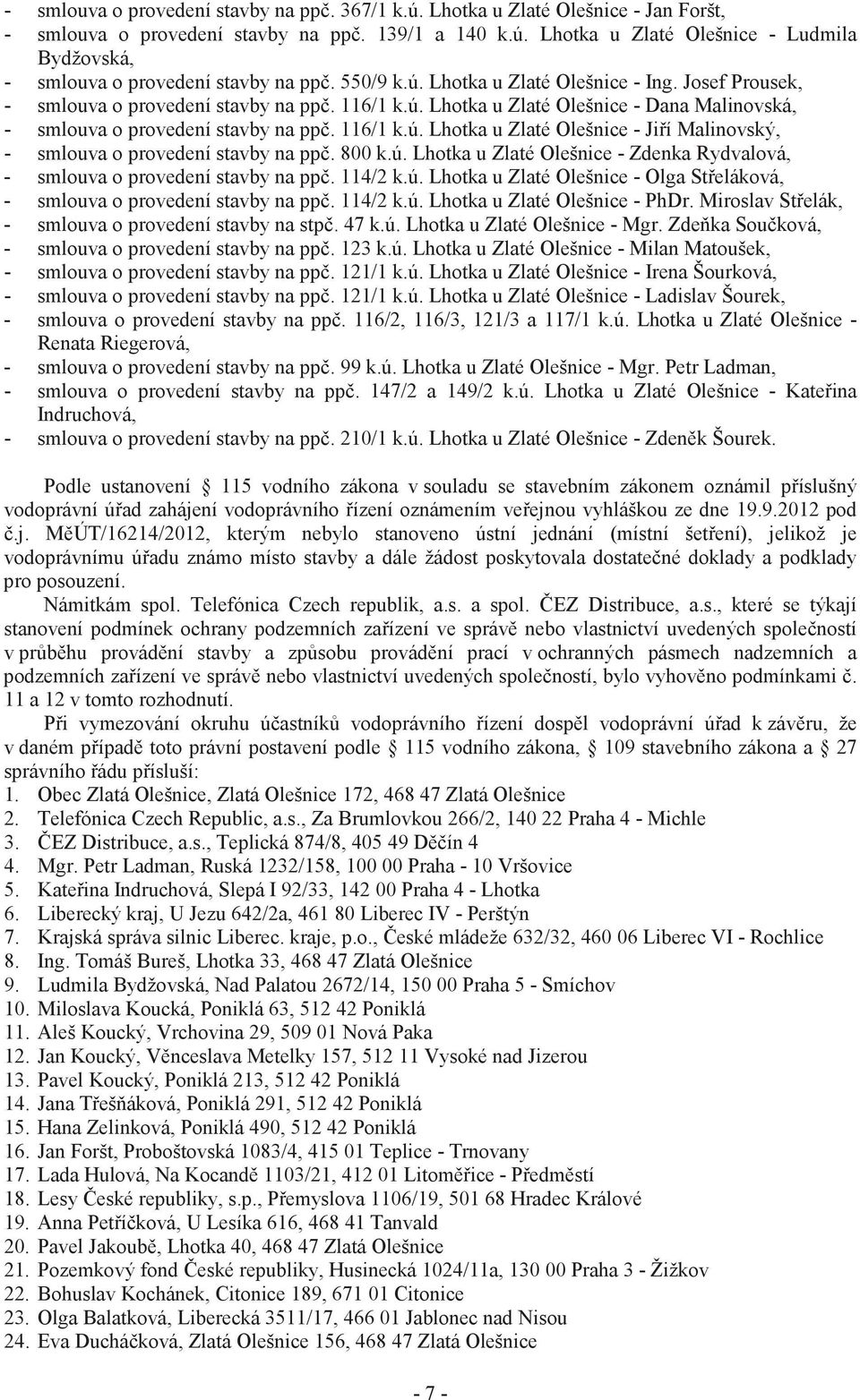 800 k.ú. Lhotka u Zlaté Olešnice - Zdenka Rydvalová, - smlouva o provedení stavby na pp. 114/2 k.ú. Lhotka u Zlaté Olešnice - Olga Steláková, - smlouva o provedení stavby na pp. 114/2 k.ú. Lhotka u Zlaté Olešnice - PhDr.