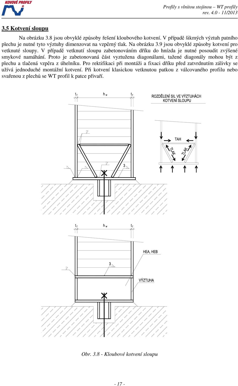 Proto je zabetonovaná část vyztužena diagonálami, tažené diagonály mohou být z plechu a tlačená vzpěra z úhelníku.