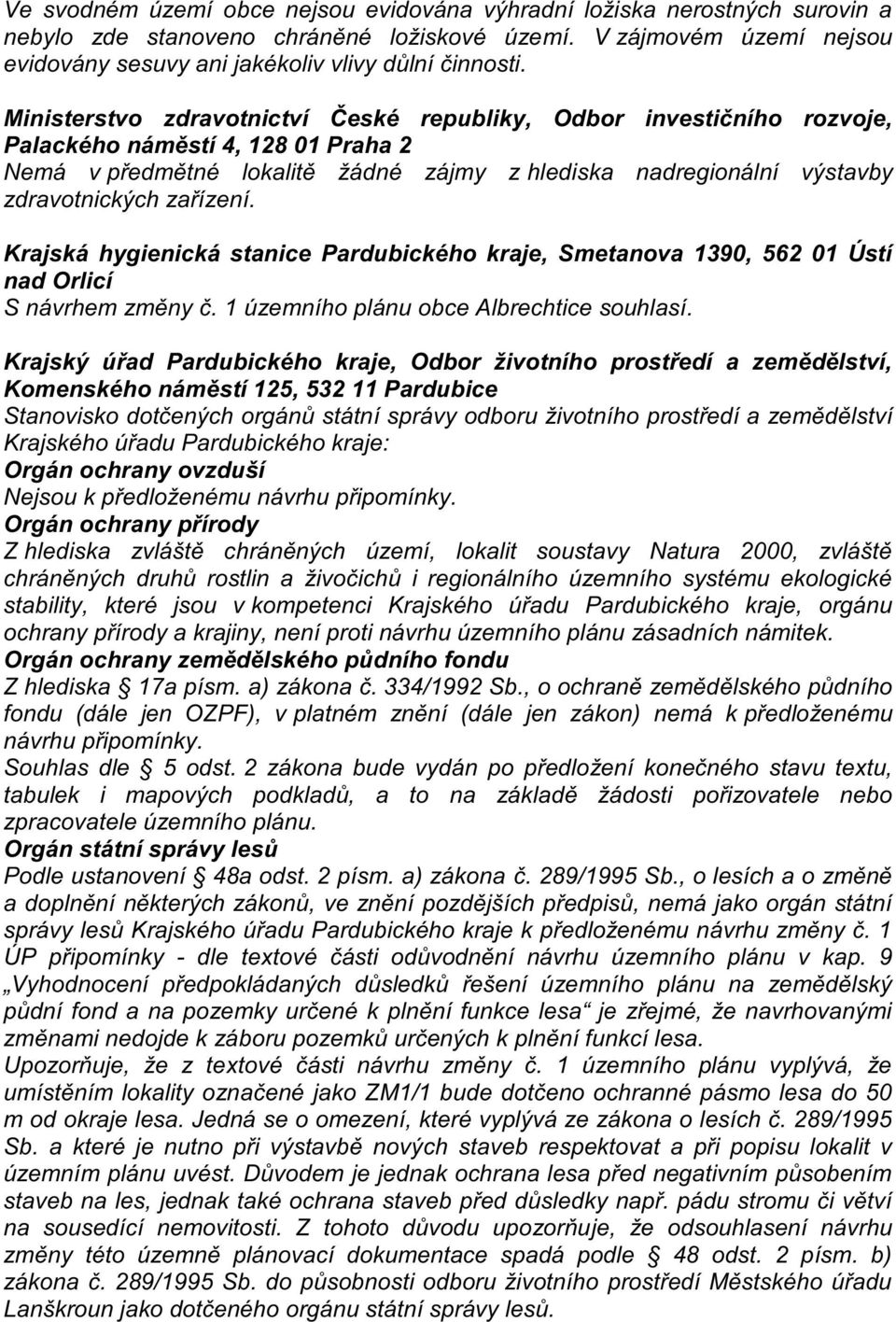 zařízení. Krajská hygienická stanice Pardubického kraje, Smetanova 1390, 562 01 Ústí nad Orlicí S návrhem změny č. 1 územního plánu obce Albrechtice souhlasí.