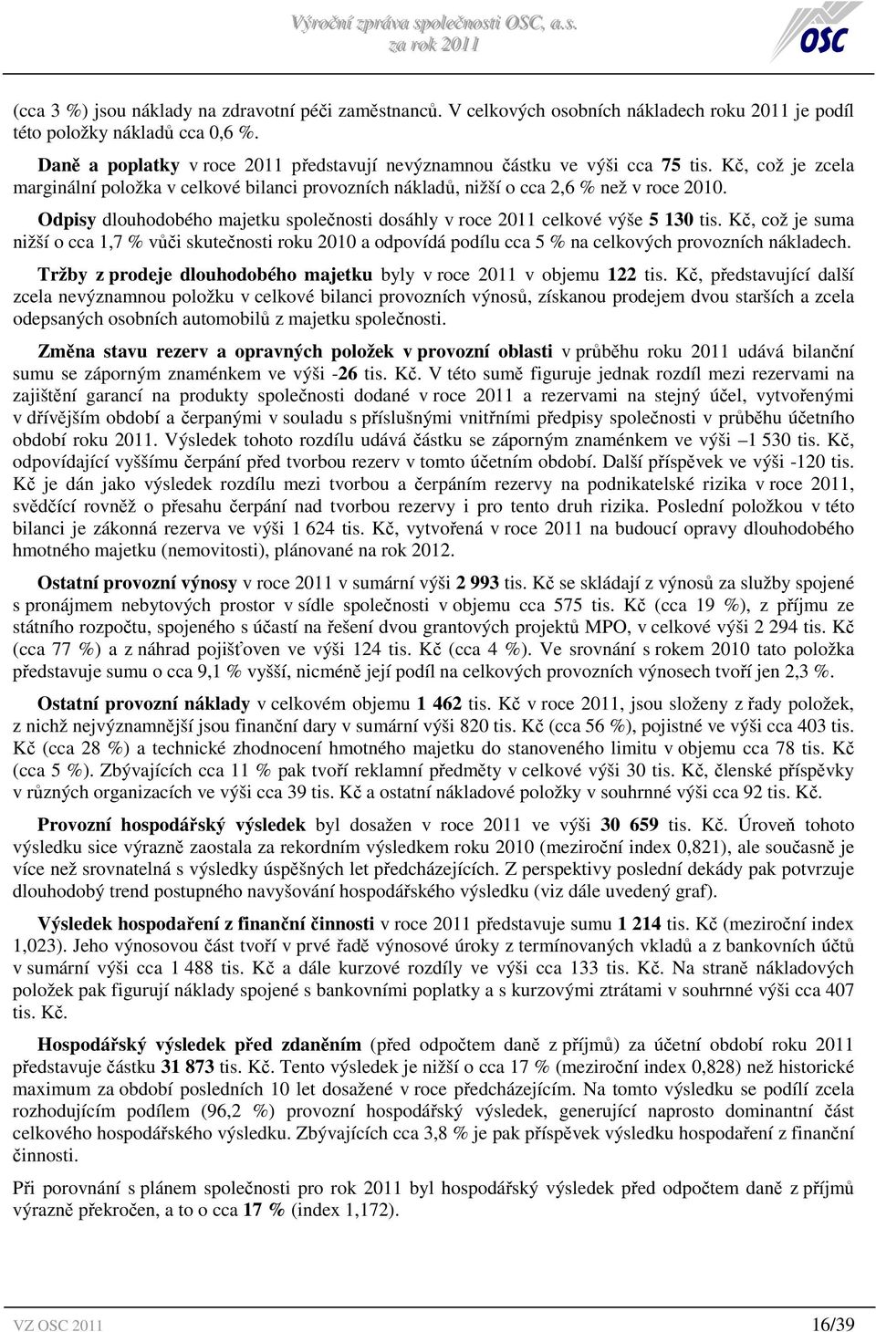 Odpisy dlouhodobého majetku společnosti dosáhly v roce 2011 celkové výše 5 130 tis.