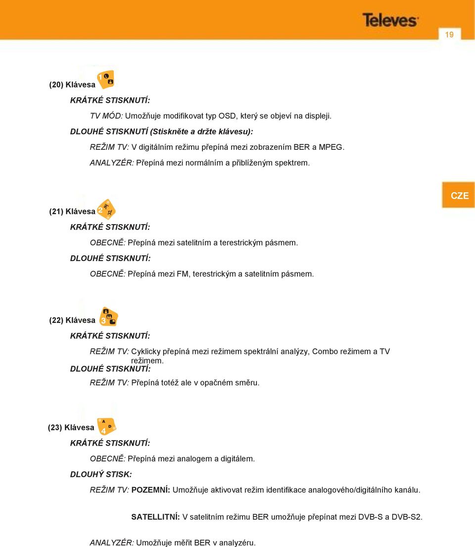 CZE (21) Klávesa KRÁTKÉ STISKNUTÍ: OBECNĚ: Přepíná mezi satelitním a terestrickým pásmem. DLOUHÉ STISKNUTÍ: OBECNĚ: Přepíná mezi FM, terestrickým a satelitním pásmem.