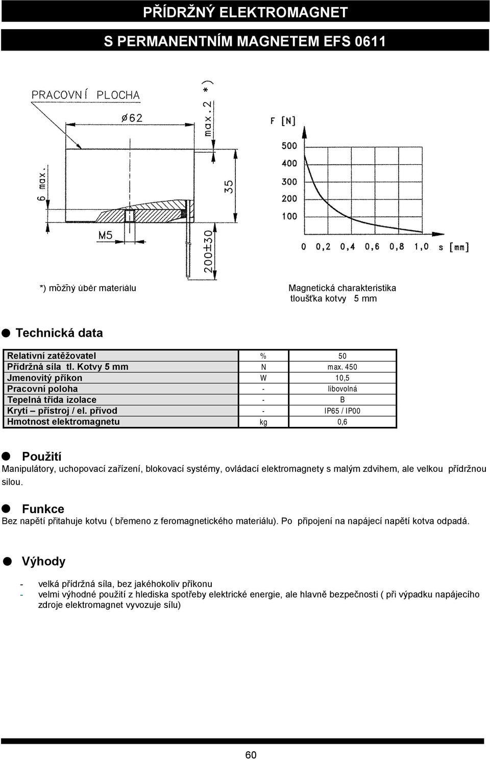 přívod - IP65 / IP00 Hmotnost elektromagnetu kg 0,6 Použití Manipulátory, uchopovací zařízení, blokovací systémy, ovládací elektromagnety s malým zdvihem, ale velkou přídržnou silou.