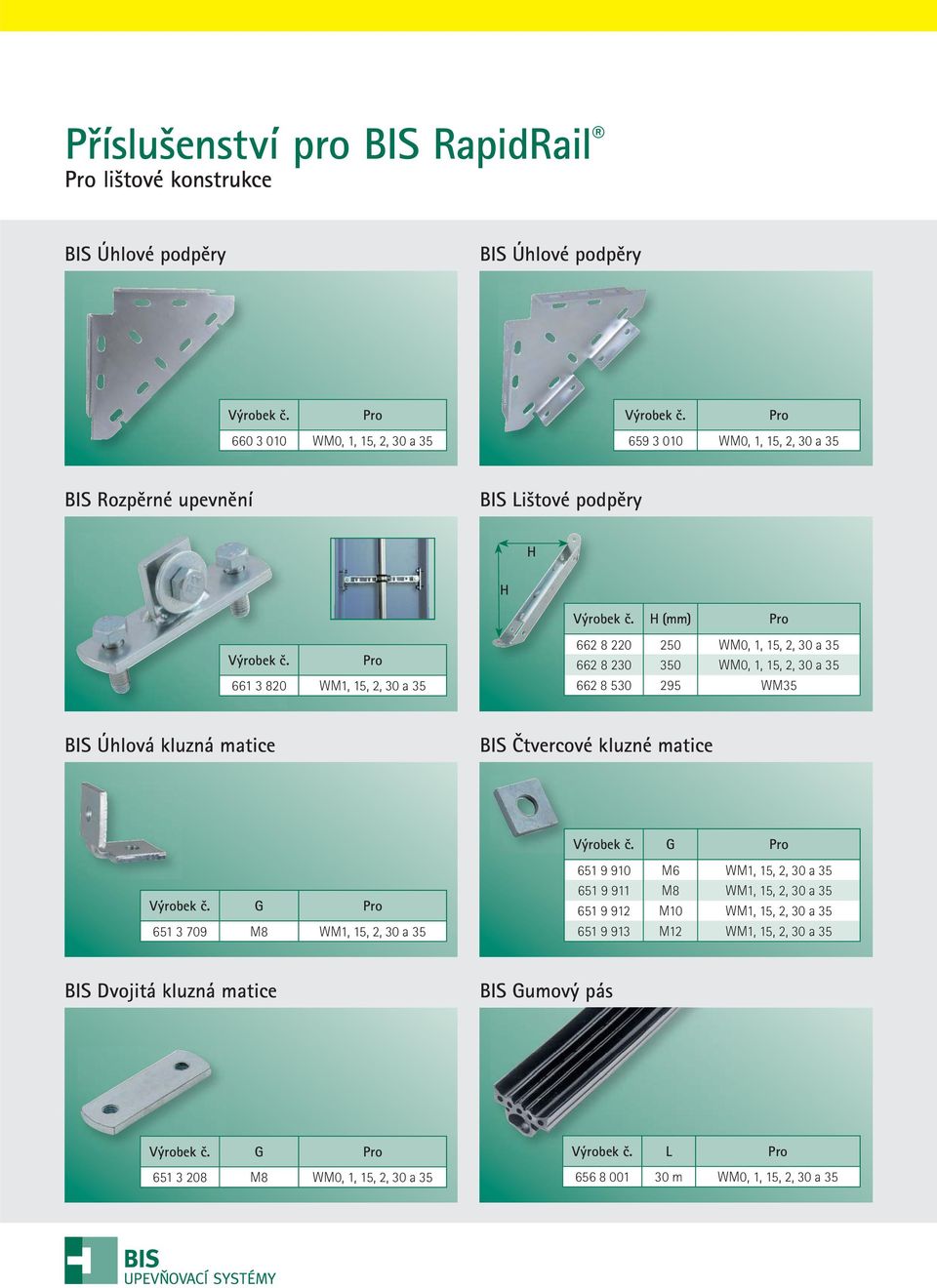 BIS Úhlová kluzná matice BIS Čtvercové kluzné matice G 651 3 709 M8 WM1, 15, 2, 30 a 35 G 651 9 910 M6 WM1, 15, 2, 30 a 35 651 9 911 M8 WM1, 15, 2, 30 a 35 651 9 912