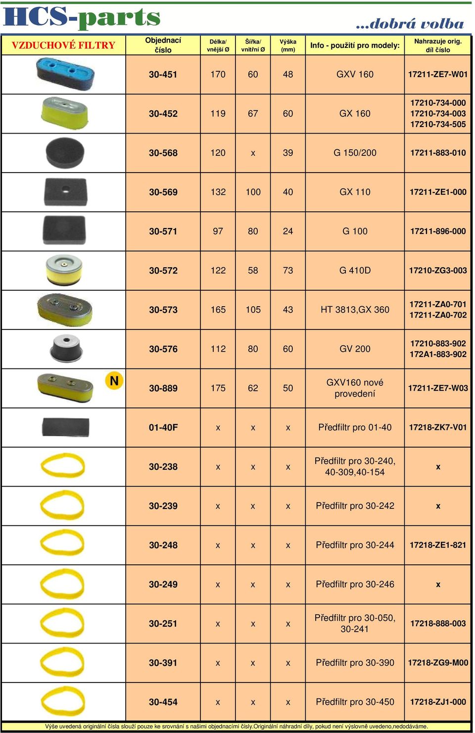 172A1-883-902 30-889 175 62 50 GXV160 nové provedení 17211-ZE7-W03 01-40F Předfiltr pro 01-40 17218-ZK7-V01 30-238 Předfiltr pro 30-240, 40-309,40-154 30-239 Předfiltr pro 30-242 30-248