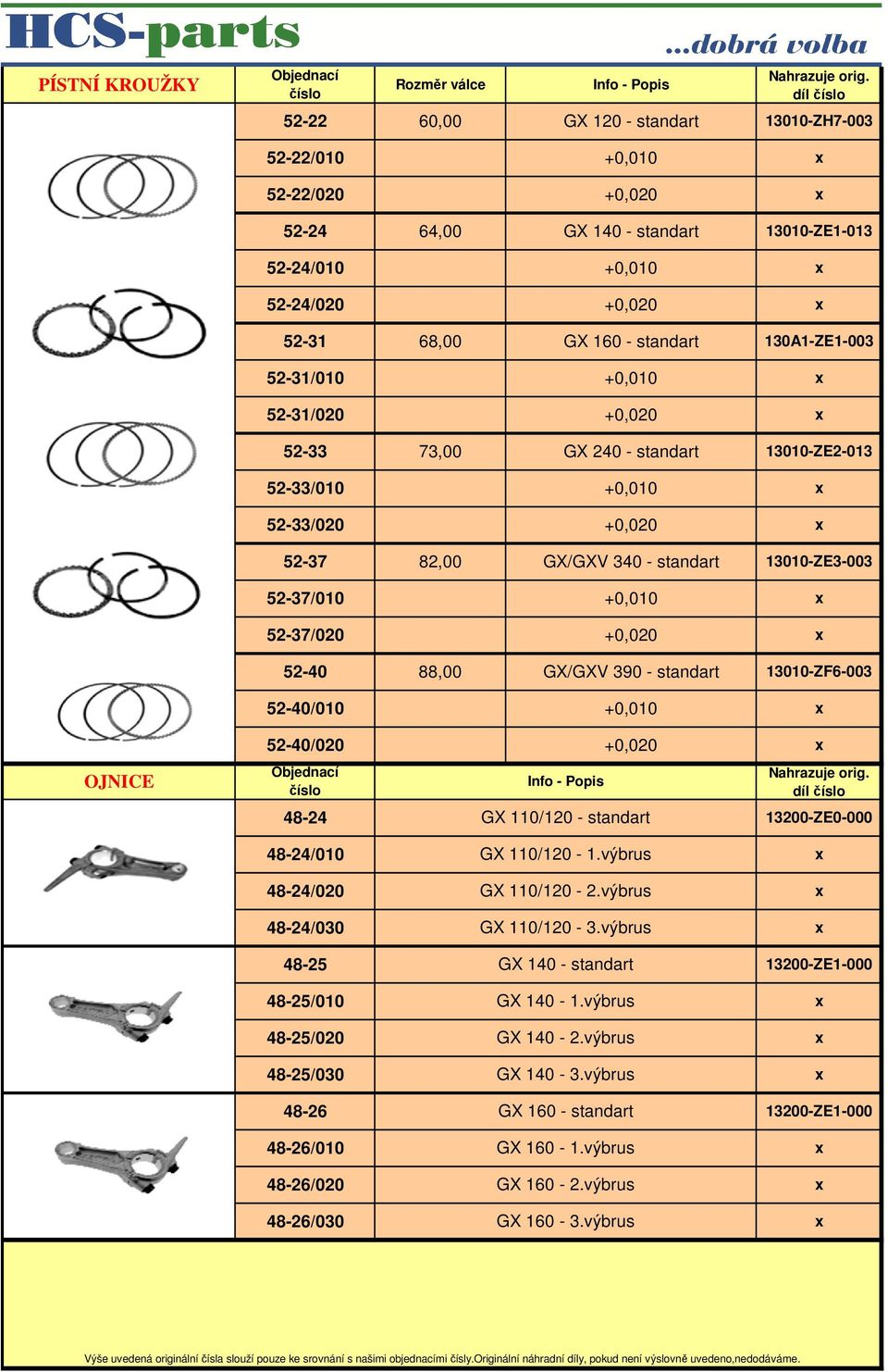 standart +0,010 +0,020 GX/GXV 390 - standart 13010-ZE3-003 13010-ZF6-003 OJNICE 52-40/010 +0,010 52-40/020 +0,020 48-24 GX 110/120 - standart 48-24/010 GX 110/120-1.výbrus 48-24/020 GX 110/120-2.