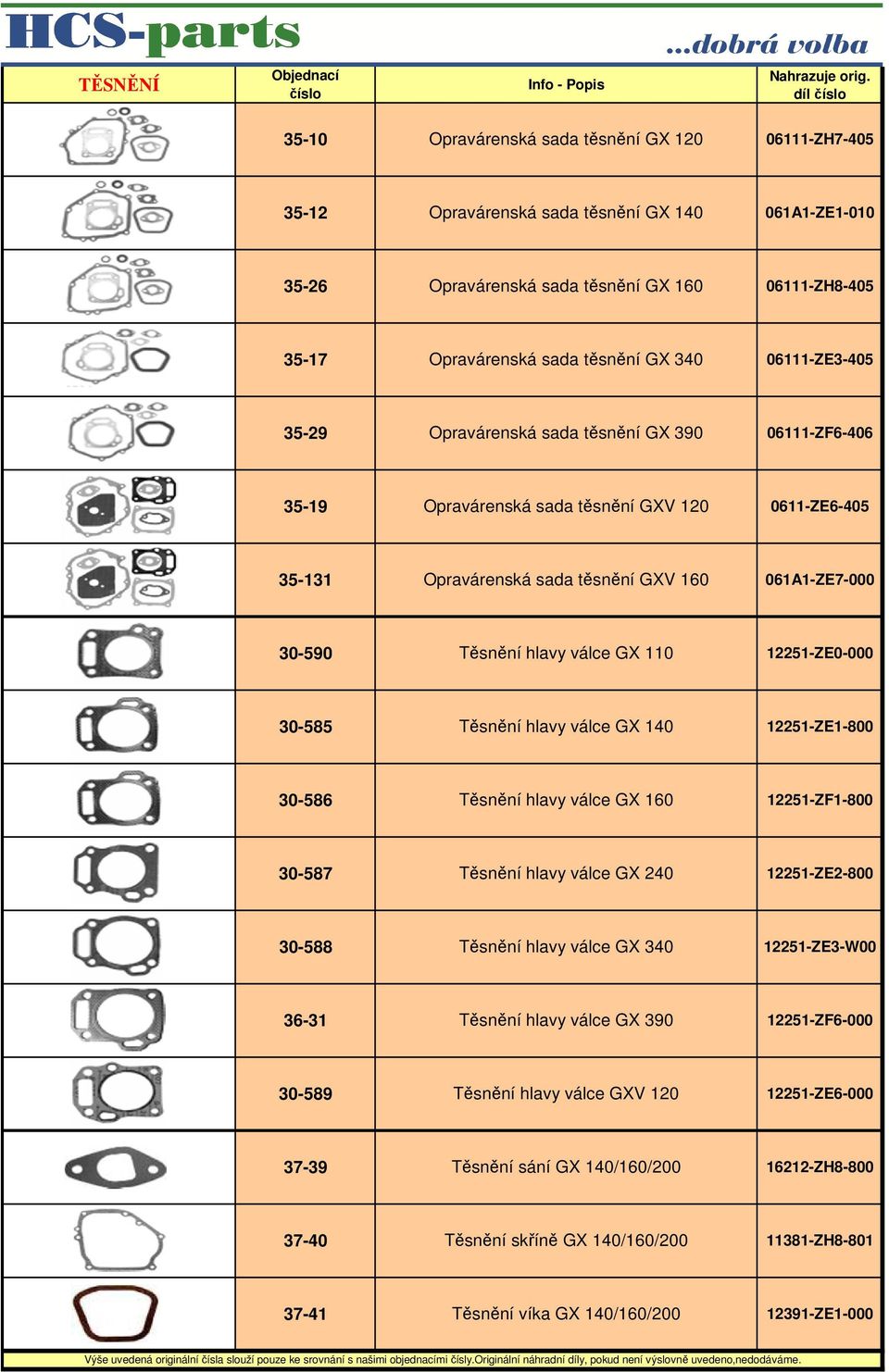 hlavy válce GX 110 12251-ZE0-000 30-585 Těsnění hlavy válce GX 140 12251-ZE1-800 30-586 Těsnění hlavy válce GX 160 12251-ZF1-800 30-587 Těsnění hlavy válce GX 240 12251-ZE2-800 30-588 Těsnění hlavy