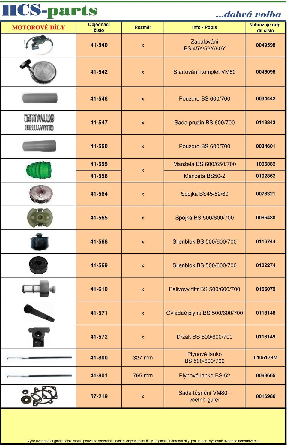 41-568 Silenblok BS 500/600/700 0116744 41-569 Silenblok BS 500/600/700 0102274 41-610 Palivový filtr BS 500/600/700 0155079 41-571 Ovladač plynu BS 500/600/700 0118148