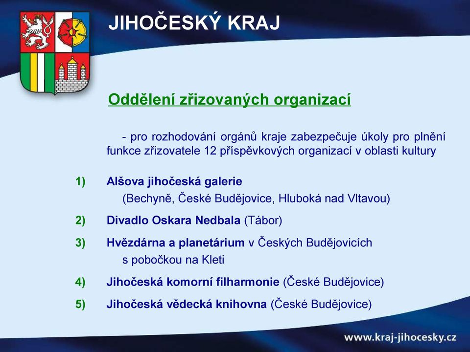 Budějovice, Hluboká nad Vltavou) 2) Divadlo Oskara Nedbala (Tábor) 3) Hvězdárna a planetárium v Českých