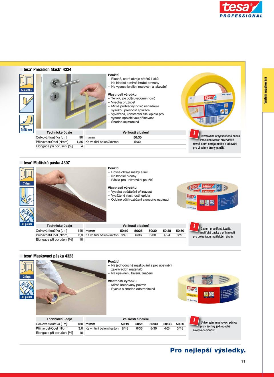 [%] 4 m:mm:mm 50:30 Ks vntřní balení/karton 5/30 Otestovaná a vyzkoušená páska Precson Mask pro zvláště rovné, ostré okraje malby a lakování pro všechny druhy použtí.