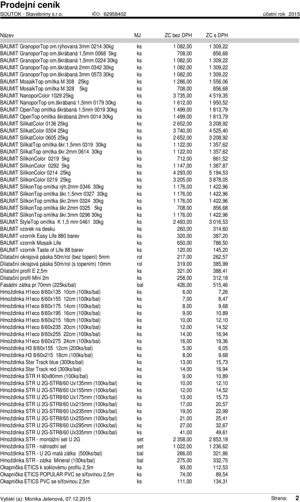 škrábaná 3mm 0573 30kg ks 1 082,00 1 309,22 BAUMIT MosaikTop omítka M 308 25kg ks 1 286,00 1 556,06 BAUMIT MosaikTop omítka M 328 5kg ks 708,00 856,68 BAUMIT NanoporColor 1029 25kg ks 3 735,00 4