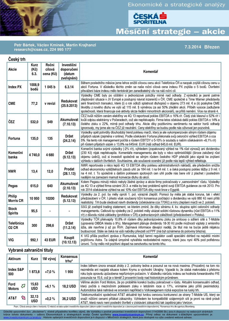 1008,9 bodů Roční cílová cena (Kč) CME 77,2 v revizi ČEZ 532,0 549 Fortuna 135,0 135 Komerční banka 4 740,0 4 680 NWR 13,4 12,0 Pegas 615,0 640 Philip Morris CR Stock Spirits Telefónica O2 CR 10 950