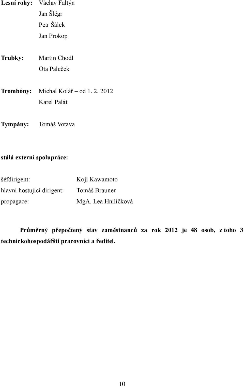 2012 Karel Palát Tympány: Tomáš Votava stálá externí spolupráce: šéfdirigent: hlavní hostující