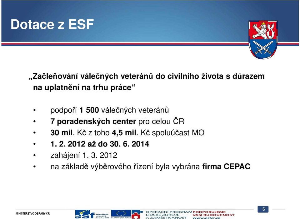 pro celou ČR 30 mil. Kč z toho 4,5 mil. Kč spoluúčast MO 1. 2. 2012 až do 30. 6.