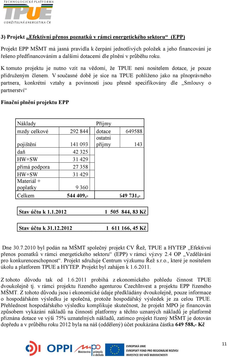 V současné době je sice na TPUE pohlíženo jako na plnoprávného partnera, konkrétní vztahy a povinnosti jsou přesně specifikovány dle Smlouvy o partnerství Finační plnění projektu EPP Náklady Příjmy