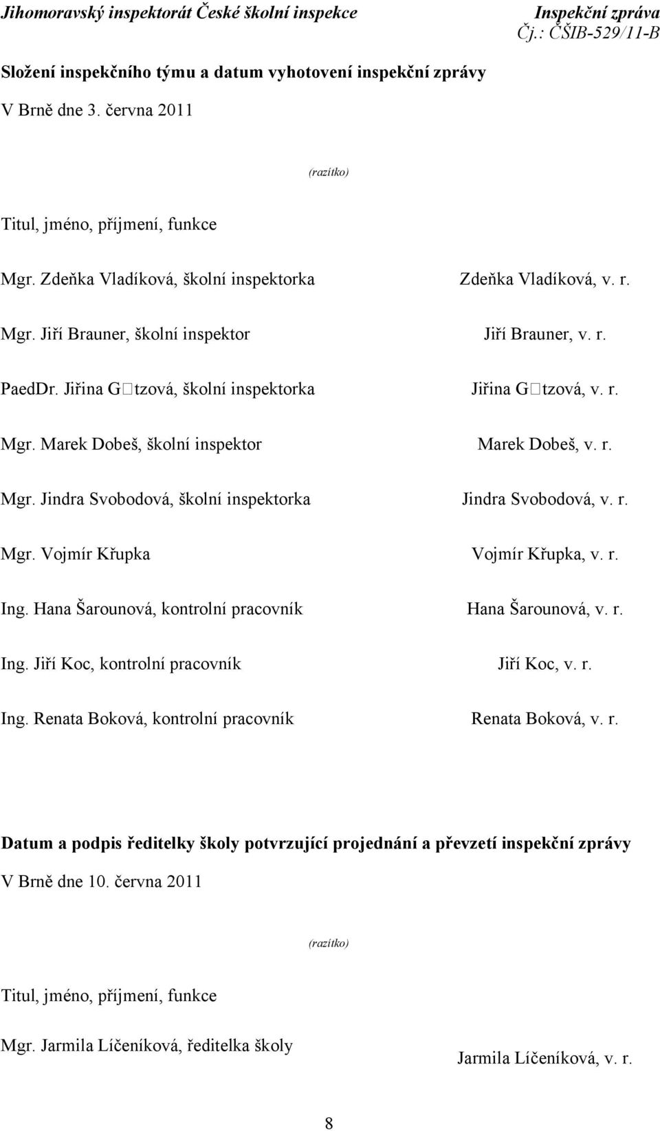 r. Ing. Hana Šarounová, kontrolní pracovník Hana Šarounová, v. r. Ing. Jiří Koc, kontrolní pracovník Jiří Koc, v. r. Ing. Renata Boková, kontrolní pracovník Renata Boková, v. r. Datum a podpis ředitelky školy potvrzující projednání a převzetí inspekční zprávy V Brně dne 10.