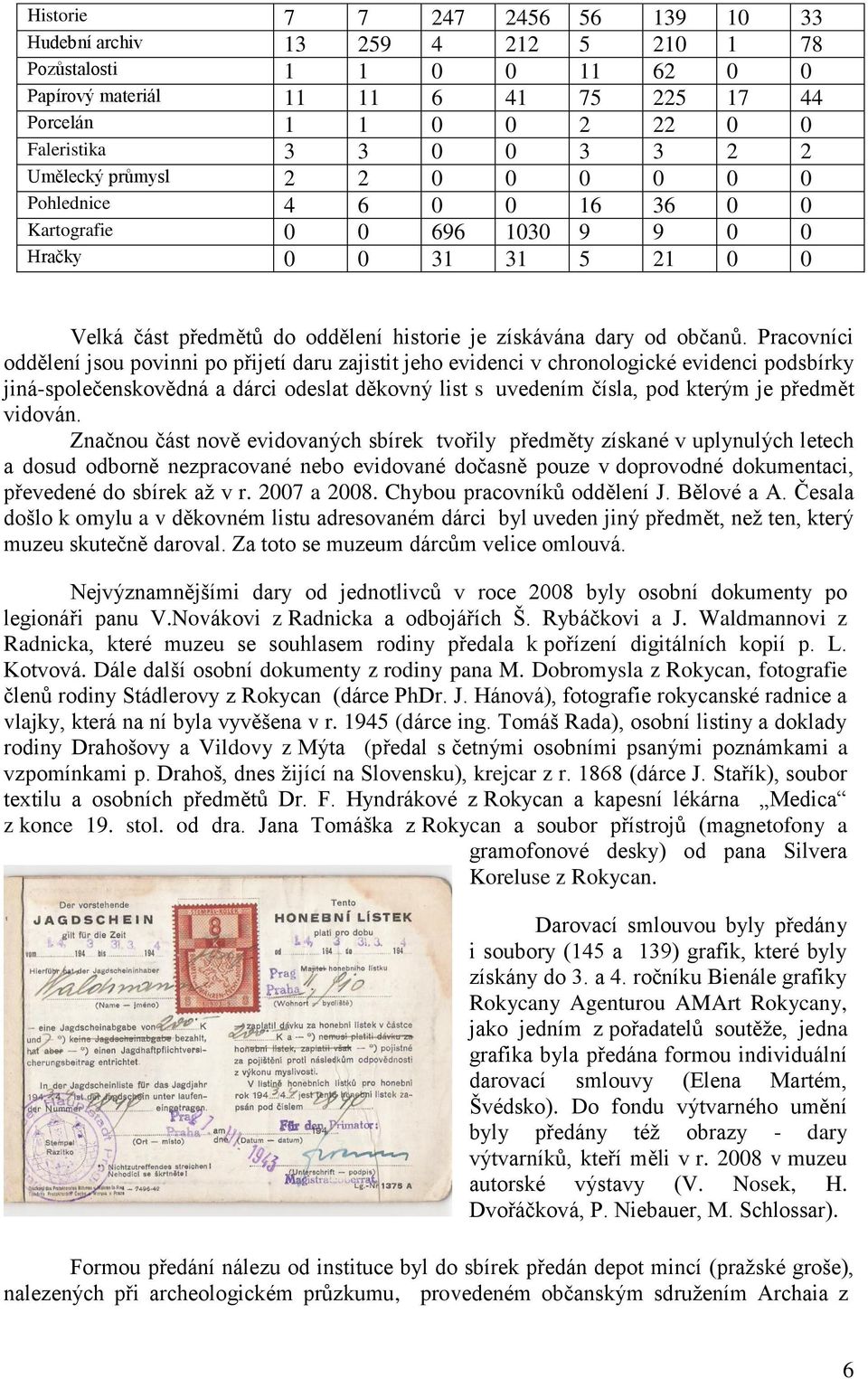 Pracovníci oddělení jsou povinni po přijetí daru zajistit jeho evidenci v chronologické evidenci podsbírky jiná-společenskovědná a dárci odeslat děkovný list s uvedením čísla, pod kterým je předmět