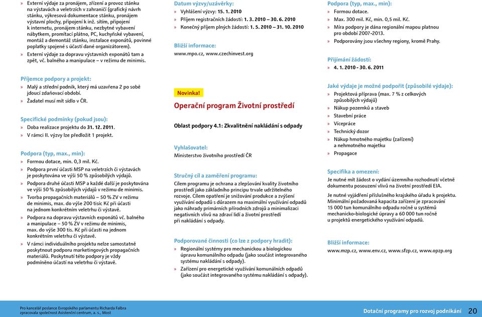 dané organizátorem). Externí výdaje za dopravu výstavních exponátů tam a zpět, vč. balného a manipulace v režimu de minimis. Datum výzvy/uzávěrky: Vyhlášení výzvy: 15