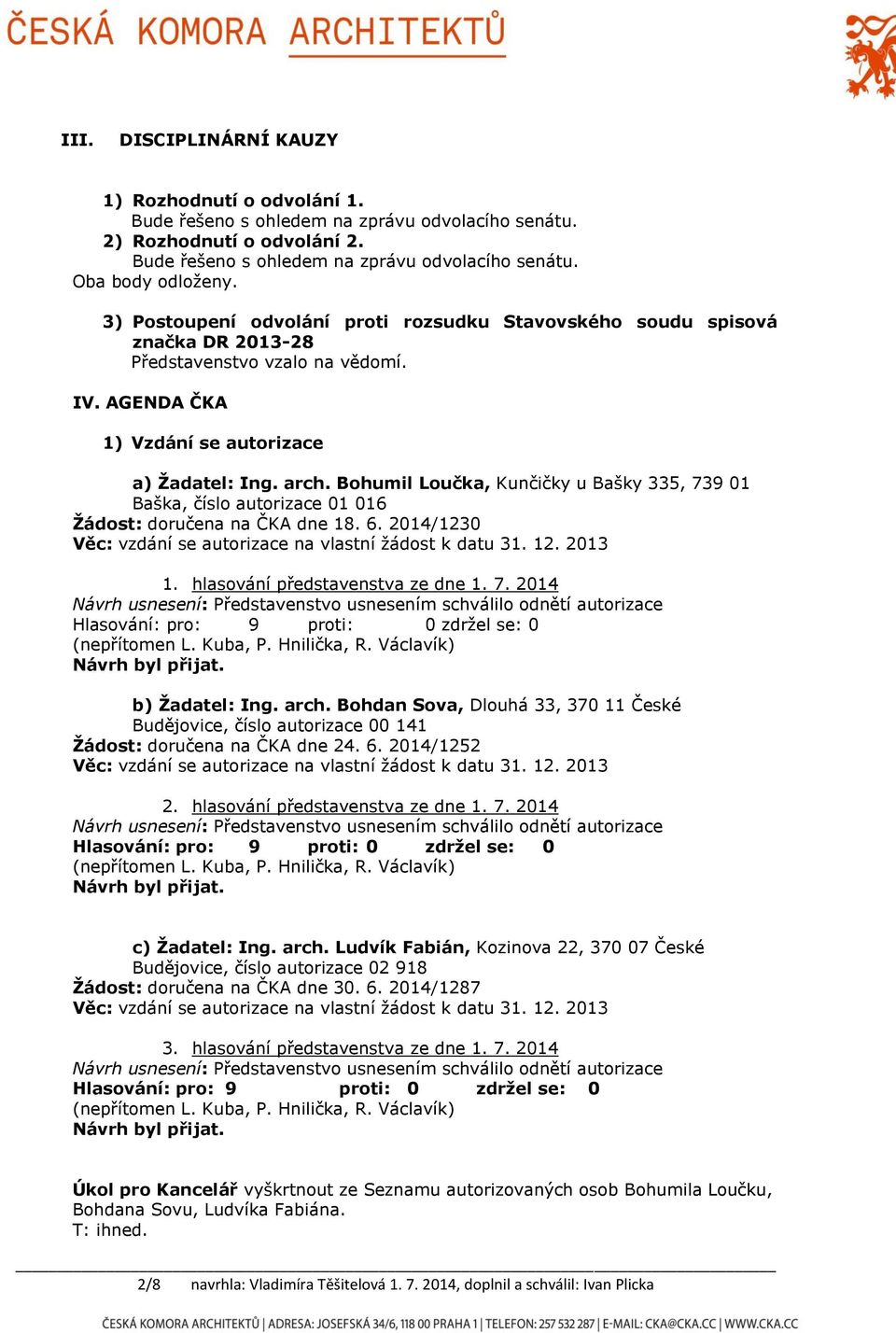 Bohumil Loučka, Kunčičky u Bašky 335, 739 01 Baška, číslo autorizace 01 016 Žádost: doručena na ČKA dne 18. 6. 2014/1230 Věc: vzdání se autorizace na vlastní žádost k datu 31. 12. 2013 1.