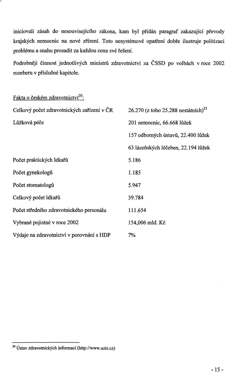 Podrobněji činnost jednotlivých ministrů zdravotnictví za ČSSD po volbách v roce 2002 rozeberu v příslušné kapitole. Fakta o českém zdravotnictví 20 : Celkový počet zdravotnických zařízení v ČR 26.