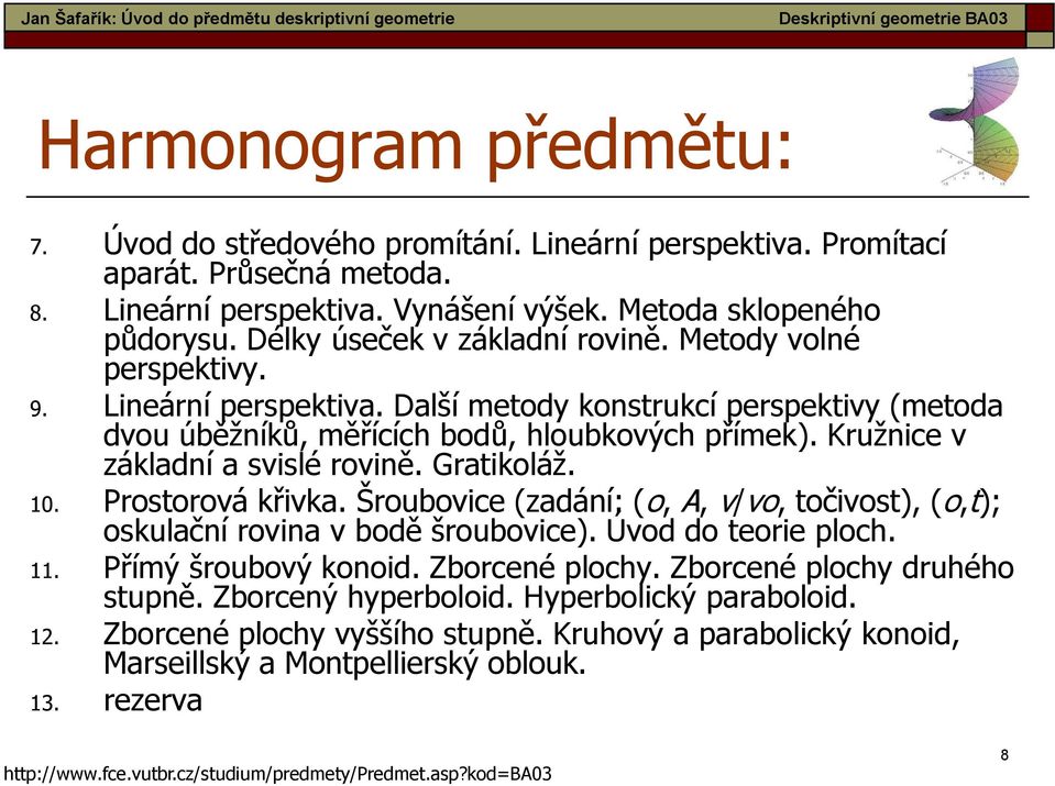 Další metody konstrukcí perspektivy (metoda dvou úběžníků, měřících bodů, hloubkových přímek). Kružnice v základní a svislé rovině. Gratikoláž. 10. Prostorová křivka.