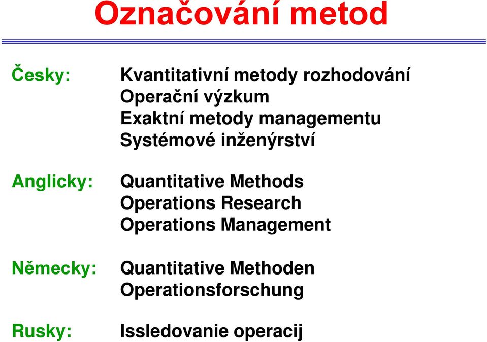 Systémové inženýrství Quantitative Methods Operations Research