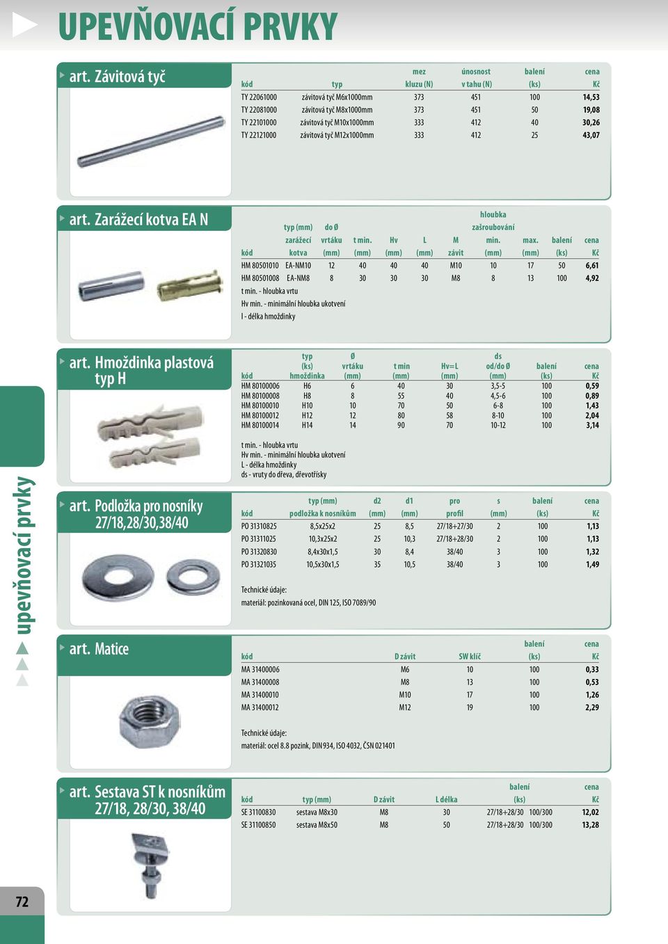 balení cena kód kotva (mm) (mm) (mm) (mm) závit (mm) (mm) (ks) Kč HM 80501010 EA-NM10 12 40 40 40 M10 10 17 50 6,61 HM 80501008 EA-NM8 8 30 30 30 M8 8 13 100 4,92 t min. - hloubka vrtu Hv min.