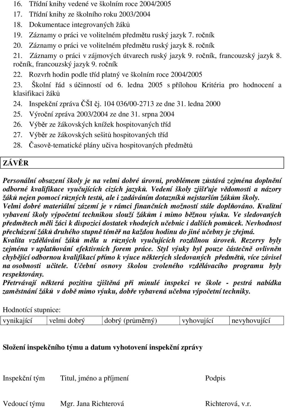 Rozvrh hodin podle tíd platný ve školním roce 2004/2005 23. Školní ád s úinností od 6. ledna 2005 s pílohou Kritéria pro hodnocení a klasifikaci žák 24. Inspekní zpráva ŠI j.