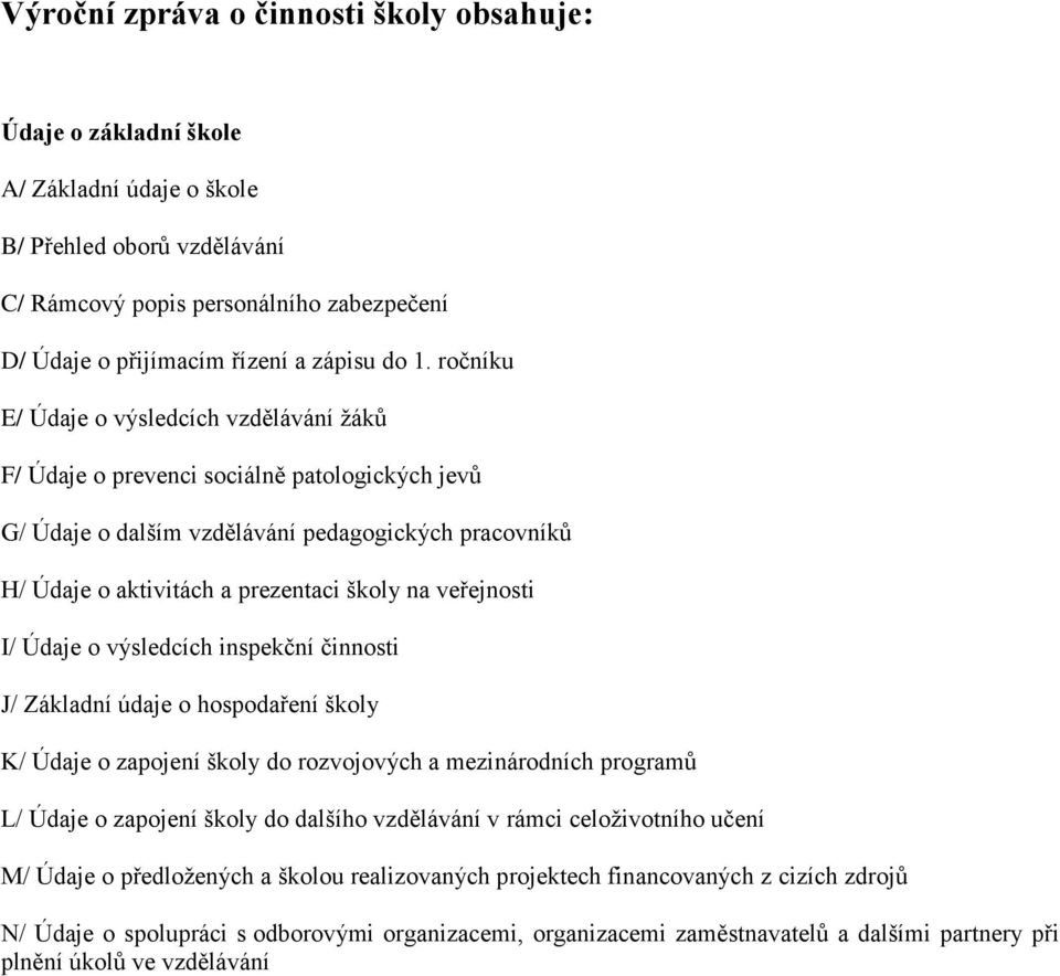 veřejnosti I/ Údaje o výsledcích inspekční činnosti J/ Základní údaje o hospodaření školy K/ Údaje o zapojení školy do rozvojových a mezinárodních programů L/ Údaje o zapojení školy do dalšího