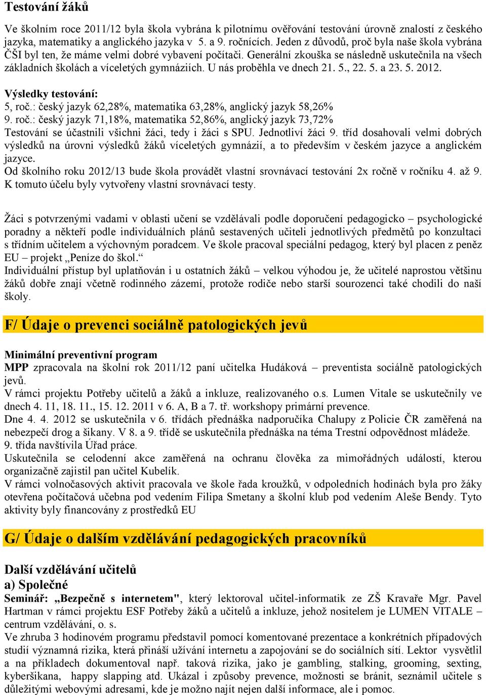 U nás proběhla ve dnech 21. 5., 22. 5. a 23. 5. 2012. Výsledky testování: 5, roč.: český jazyk 62,28%, matematika 63,28%, anglický jazyk 58,26% 9. roč.: český jazyk 71,18%, matematika 52,86%, anglický jazyk 73,72% Testování se účastnili všichni žáci, tedy i žáci s SPU.