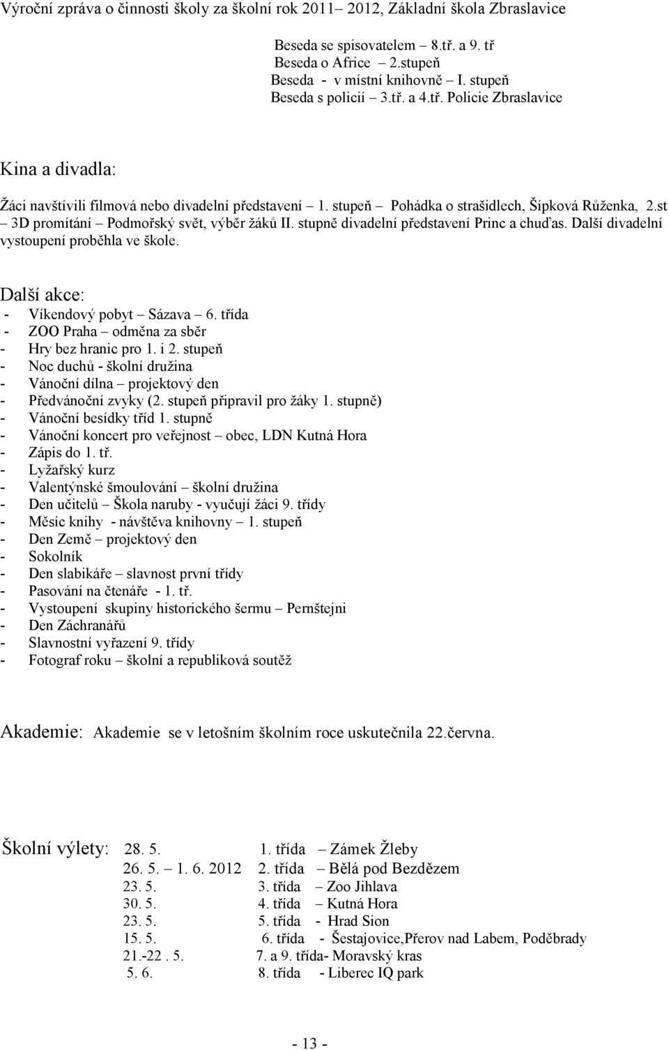 Další akce: - Víkendový pobyt Sázava 6. třída - ZOO Praha odměna za sběr - Hry bez hranic pro 1. i 2. stupeň - Noc duchů - školní družina - Vánoční dílna projektový den - Předvánoční zvyky (2.