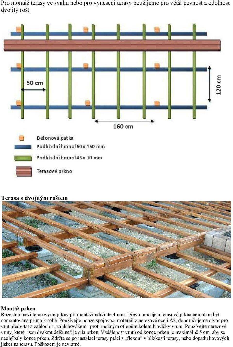 Používejte pouze spojovací materiál z nerezové oceli A2, doporučujeme otvor pro vrut předvrtat a zahloubit zahlubovákem proti možným otřepům kolem hlavičky vrutu.