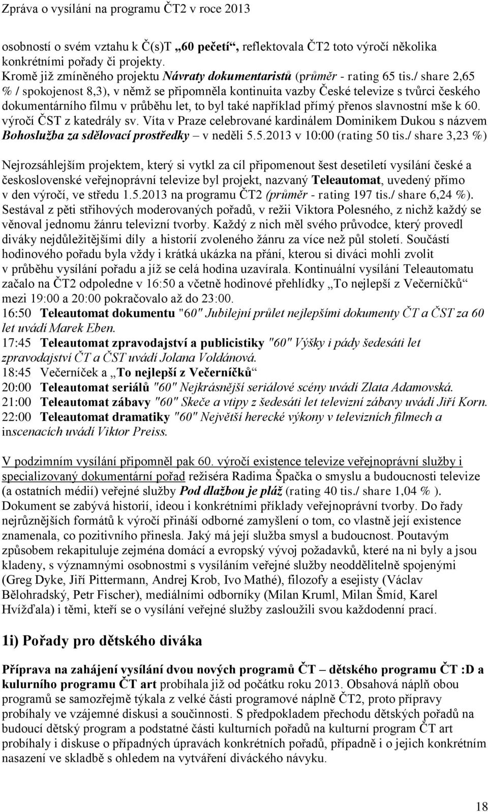 výročí ČST z katedrály sv. Víta v Praze celebrované kardinálem Dominikem Dukou s názvem Bohoslužba za sdělovací prostředky v neděli 5.5.2013 v 10:00 (rating 50 tis.