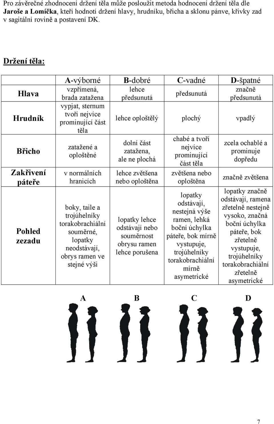 Držení těla: Hlava Hrudník Břicho Zakřivení páteře Pohled zezadu A-výborné B-dobré C-vadné D-špatné vzpřímená, lehce značně předsunutá brada zatažena předsunutá předsunutá vypjat, sternum tvoří