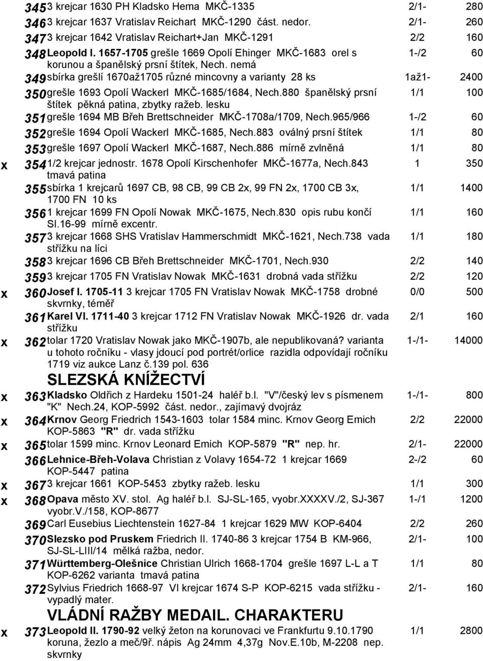 nemá 349 sbírka grešlí 1670až1705 různé mincovny a varianty 28 ks 1až1-2400 350 grešle 1693 Opolí Wackerl MKČ-1685/1684, Nech.880 španělský prsní štítek pěkná patina, zbytky ražeb.