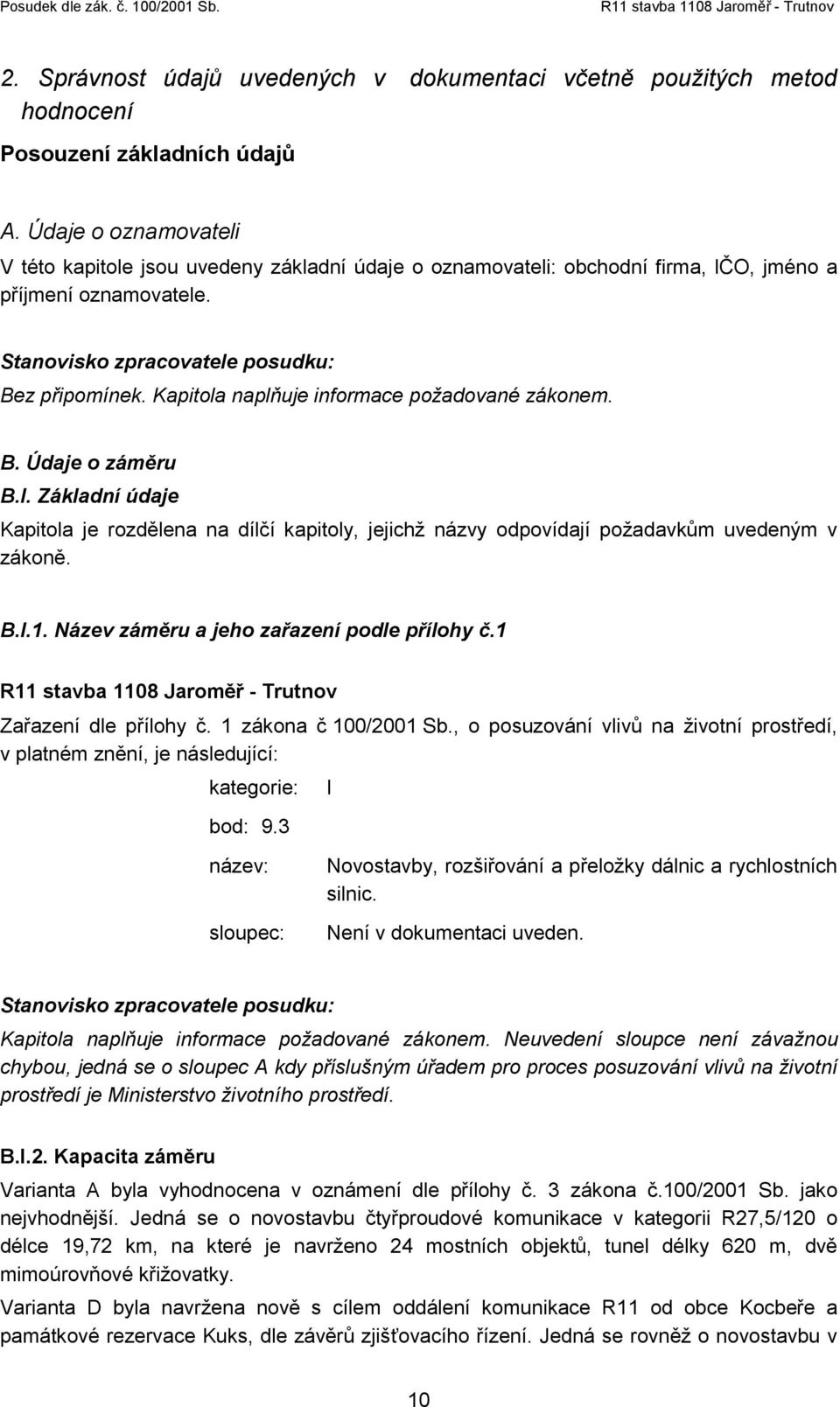 Kapitola naplňuje informace požadované zákonem. B. Údaje o záměru B.I. Základní údaje Kapitola je rozdělena na dílčí kapitoly, jejichž názvy odpovídají požadavkům uvedeným v zákoně. B.I.1.