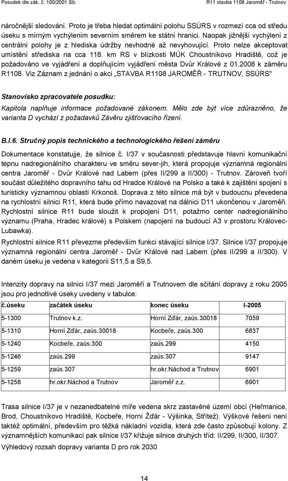 km RS v blízkosti MÚK Choustníkovo Hradiště, což je požadováno ve vyjádření a doplňujícím vyjádření města Dvůr Králové z 01.2008 k záměru R1108.