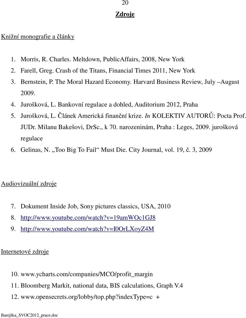 In KOLEKTIV AUTORŮ: Pocta Prof. JUDr. Milanu Bakešovi, DrSc., k 70. narozeninám, Praha : Leges, 2009. jurošková regulace 6. Gelinas, N. Too Big To Fail Must Die. City Journal, vol. 19, č.