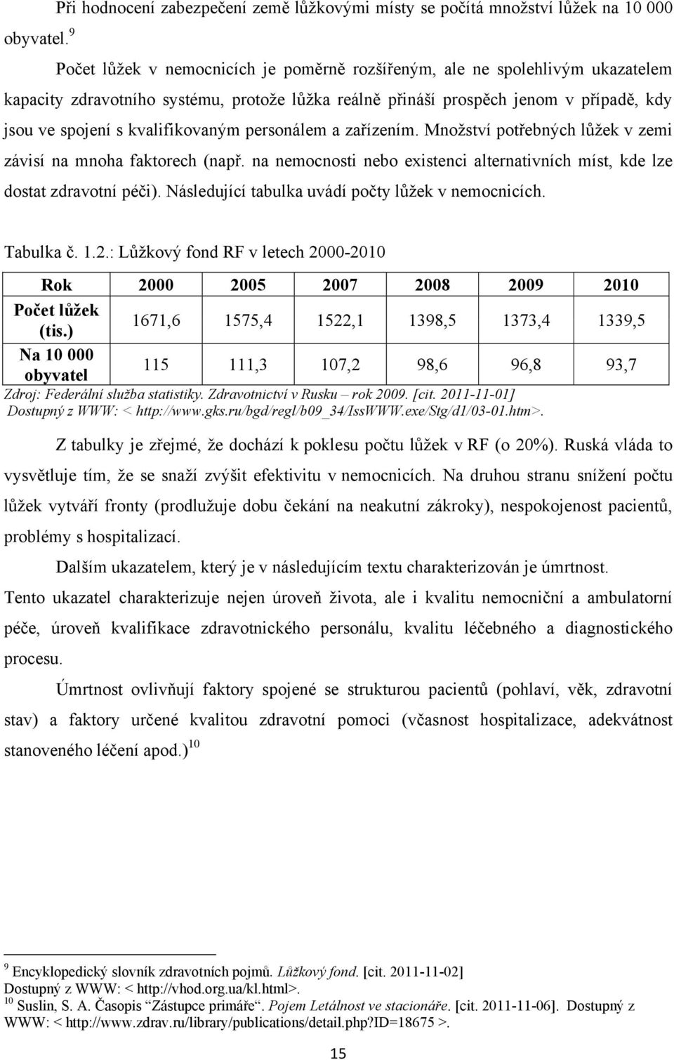 kvalifikovaným personálem a zařízením. Množství potřebných lůžek v zemi závisí na mnoha faktorech (např. na nemocnosti nebo existenci alternativních míst, kde lze dostat zdravotní péči).