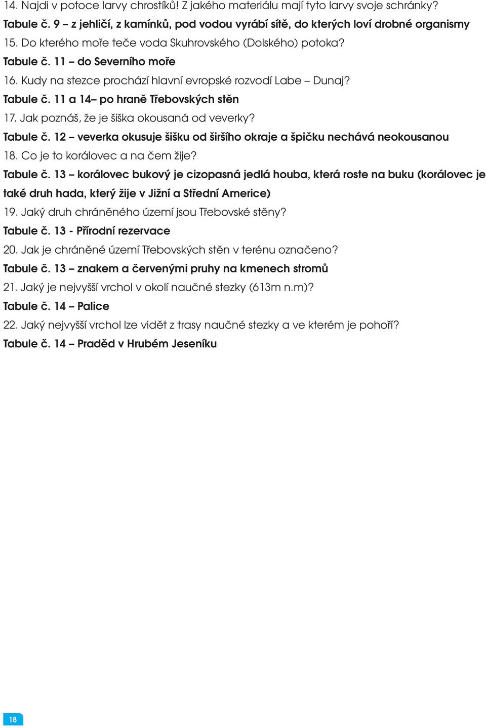 Jak poznáš, že je šiška okousaná od veverky? Tabule č. 12 veverka okusuje šišku od širšího okraje a špičku nechává neokousanou 18. Co je to korálovec a na čem žije? Tabule č. 13 korálovec bukový je cizopasná jedlá houba, která roste na buku (korálovec je také druh hada, který žije v Jižní a Střední Americe) 19.