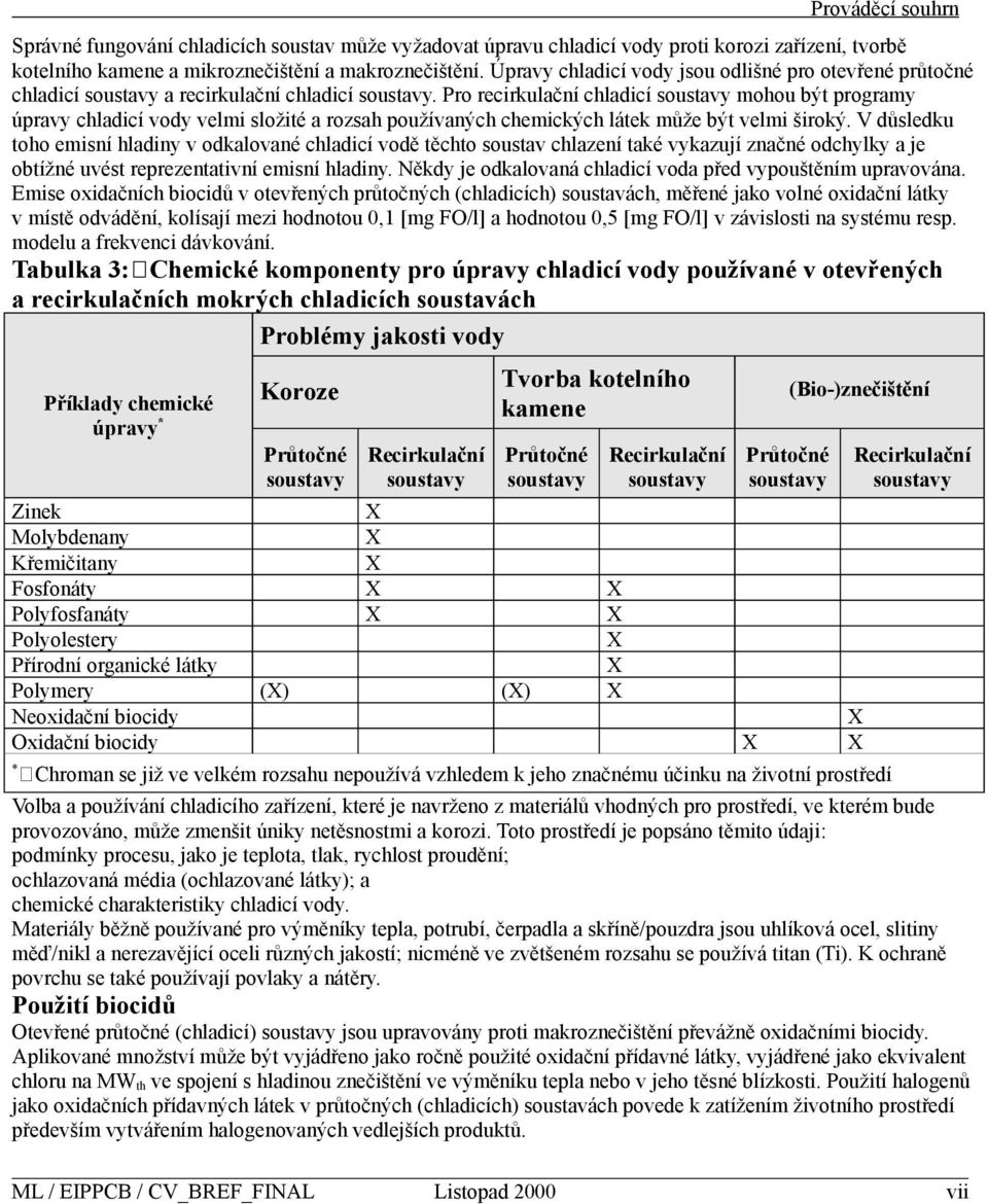 Pro recirkulační chladicí soustavy mohou být programy úpravy chladicí vody velmi složité a rozsah používaných chemických látek může být velmi široký.