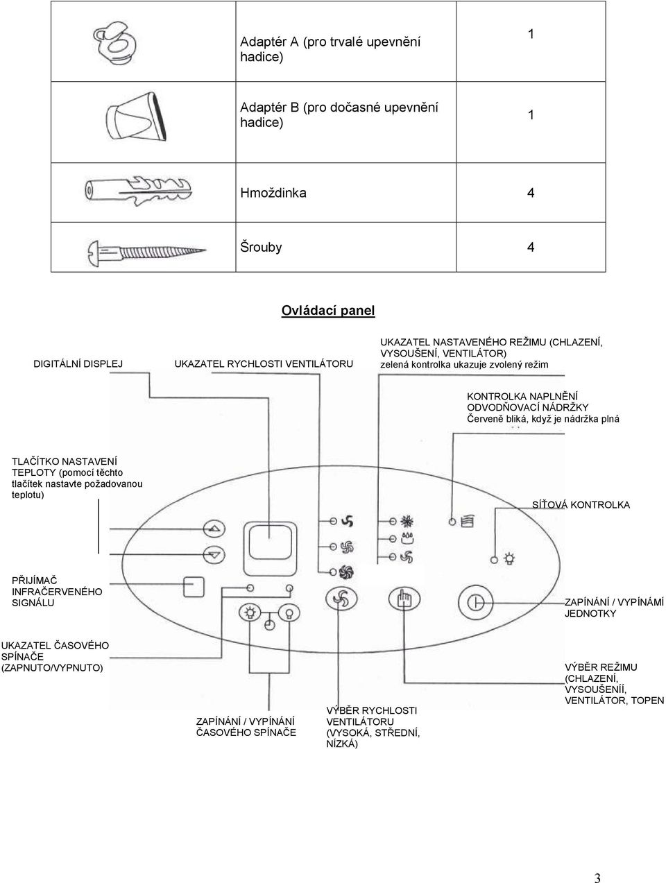 plná TLAČÍTKO NASTAVENÍ TEPLOTY (pomocí tě chto tlačítek nastavte pož adovanou teplotu) SÍŤOVÁ KONTROLKA PŘ IJÍMAČ INFRAČ ERVENÉHO SIGNÁLU ZAPÍNÁNÍ/ VYPÍNÁMÍ JEDNOTKY UKAZATEL Č