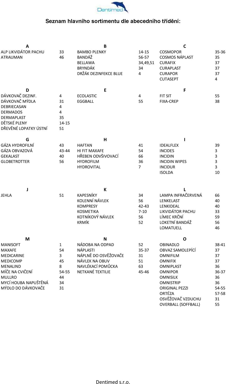 4 ECOLASTIC 4 FIT SIT 55 DÁVKOVAČ MÝDLA 31 EGGBALL 55 FIXA-CREP 38 DEBRIECASAN 4 DERMADOS 4 DERMAPLAST 35 DĚTSKÉ PLENY 14-15 DŘEVĚNÉ LOPATKY ÚSTNÍ 51 G H I GÁZA HYDROFILNÍ 43 HAFTAN 41 IDEALFLEX 39