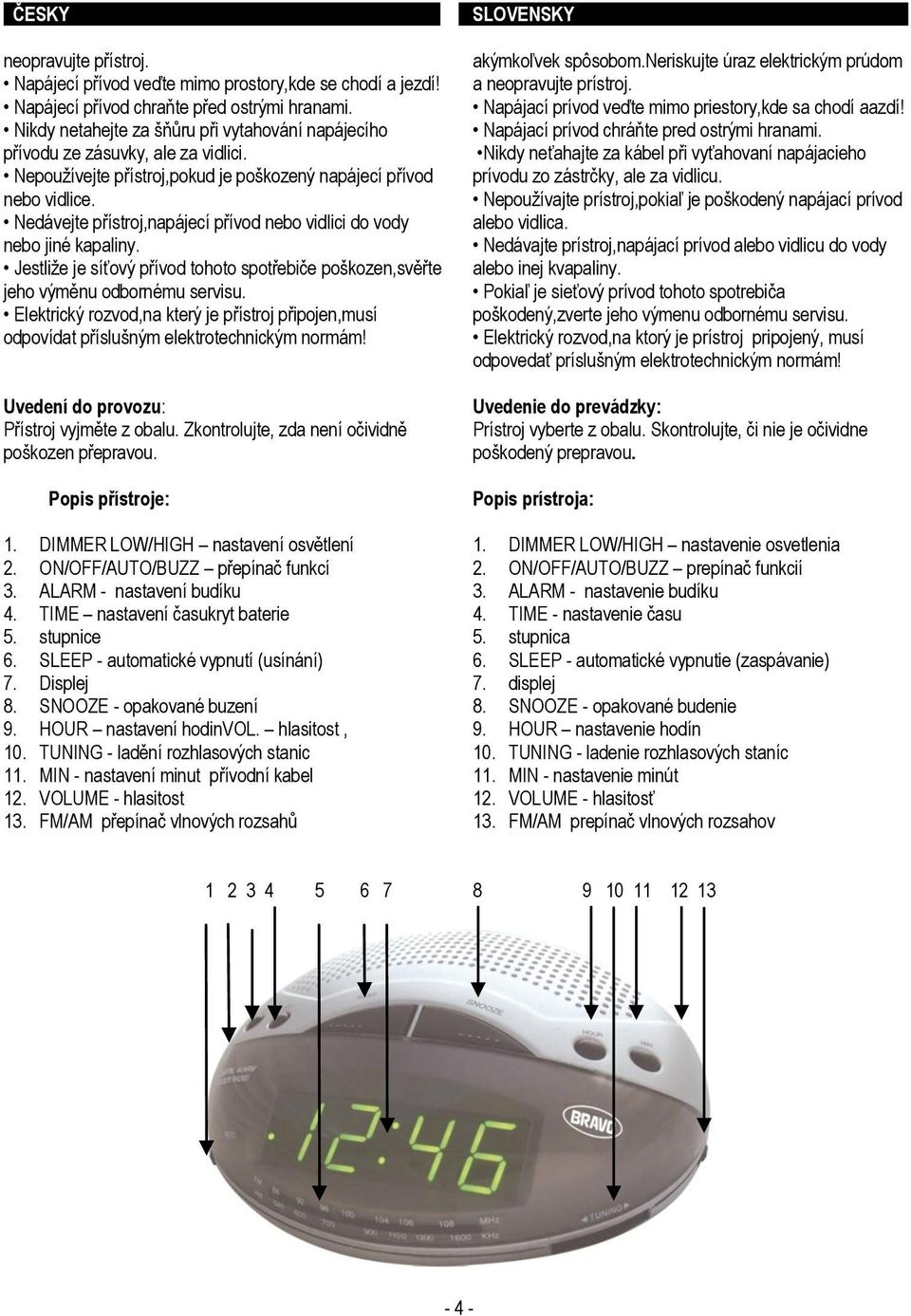 Nedávejte přístroj,napájecí přívod nebo vidlici do vody nebo jiné kapaliny. Jestliţe je síťový přívod tohoto spotřebiče poškozen,svěřte jeho výměnu odbornému servisu.