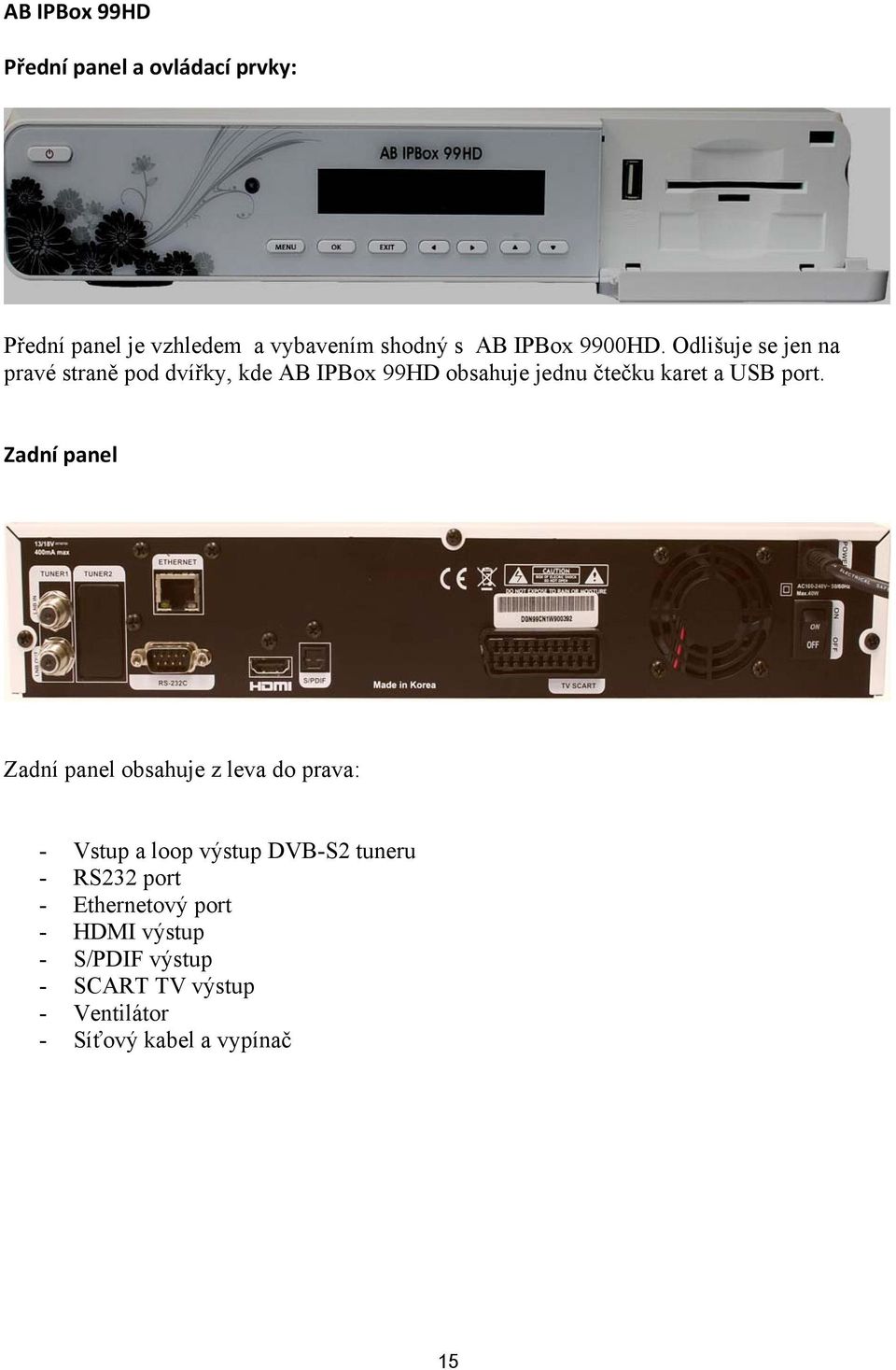Odlišuje se jen na pravé straně pod dvířky, kde AB IPBox 99HD obsahuje jednu čtečku karet a USB port.