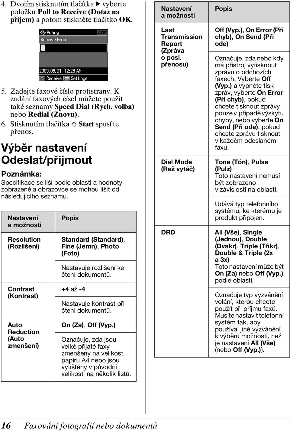 Výběr nastavení Odeslat/přijmout Specifikace se liší podle oblasti a hodnoty zobrazené a obrazovce se mohou lišit od následujícího seznamu.