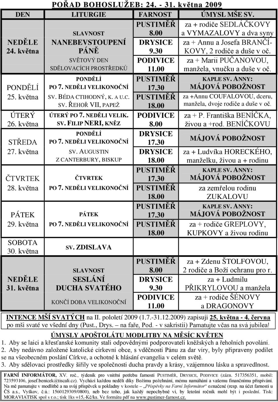 00 ÚTERÝ ÚTERÝ PO 7. NEDĚLI VELIK. PODIVICE 26. května SV. FILIP NERI, KNĚZ 8.00 PONDĚLÍ DRYSICE STŘEDA PO 7. NEDĚLI VELIKONOČNÍ 17.30 27. května SV. AUGUSTIN DRYSICE Z CANTERBURY, BISKUP 18.