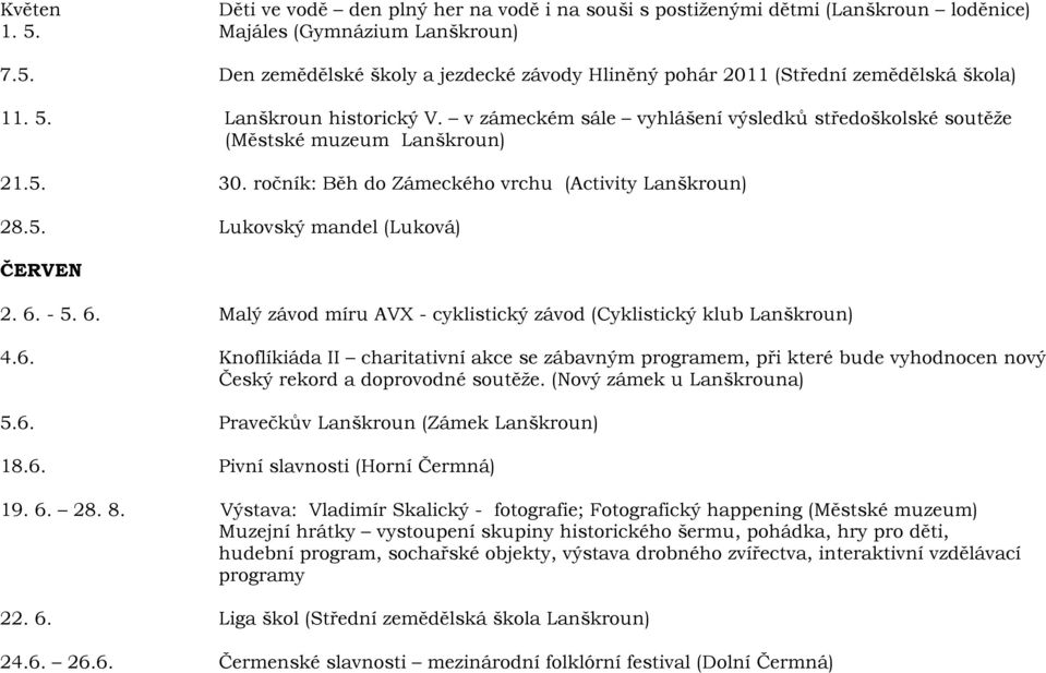 6. - 5. 6. Malý závod míru AVX - cyklistický závod (Cyklistický klub Lanškroun) 4.6. Knoflíkiáda II charitativní akce se zábavným programem, při které bude vyhodnocen nový Český rekord a doprovodné soutěţe.